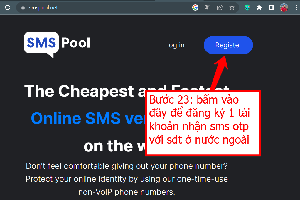 Bấm đăng ký smspool để đăng ký ChatGPT