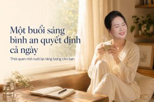 Thói quen buổi sáng nuôi lại năng lượng — người phụ nữ ngồi bình an bên cửa sổ sáng sớm với ly nước ấm