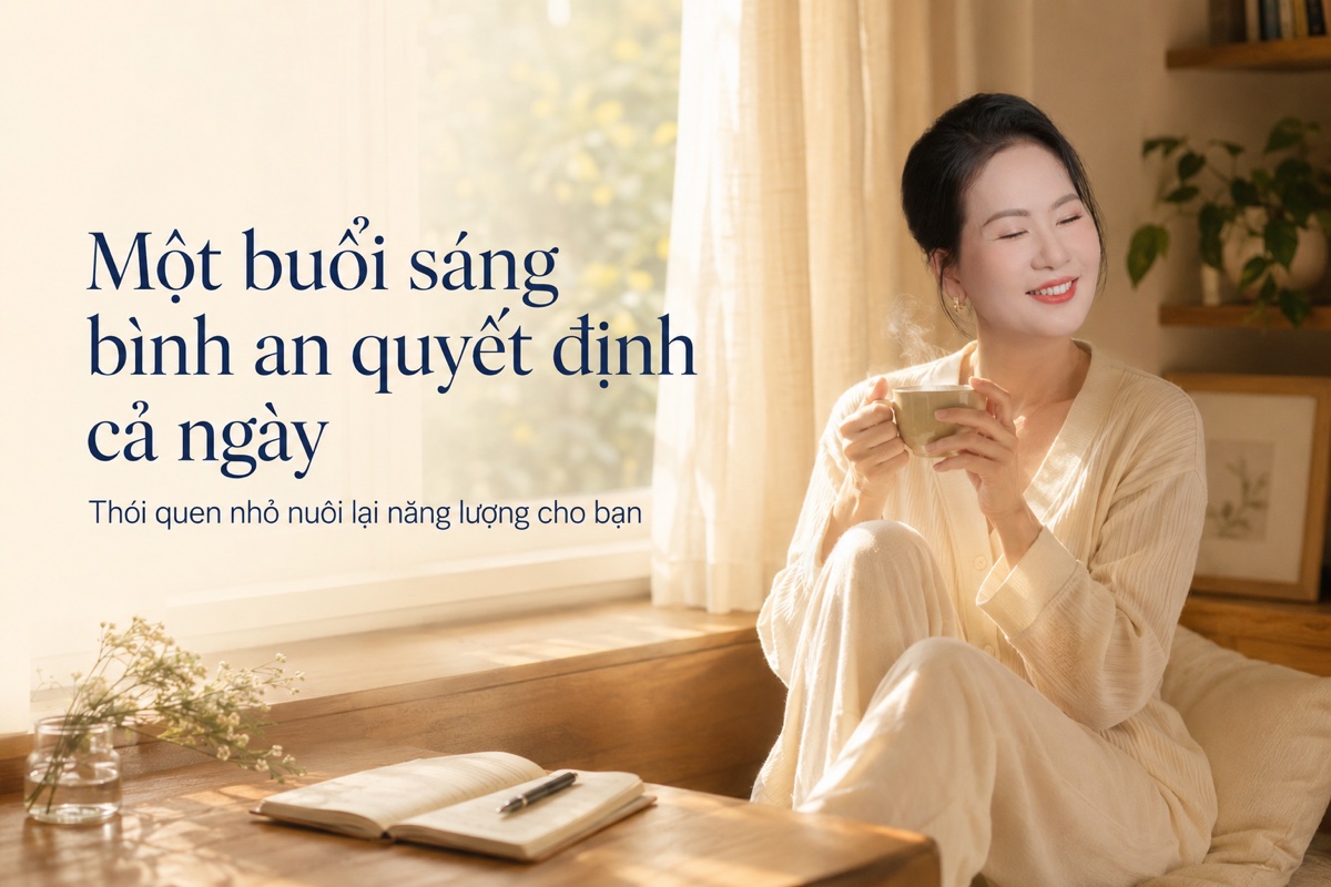 Thói quen buổi sáng nuôi lại năng lượng — người phụ nữ ngồi bình an bên cửa sổ sáng sớm với ly nước ấm