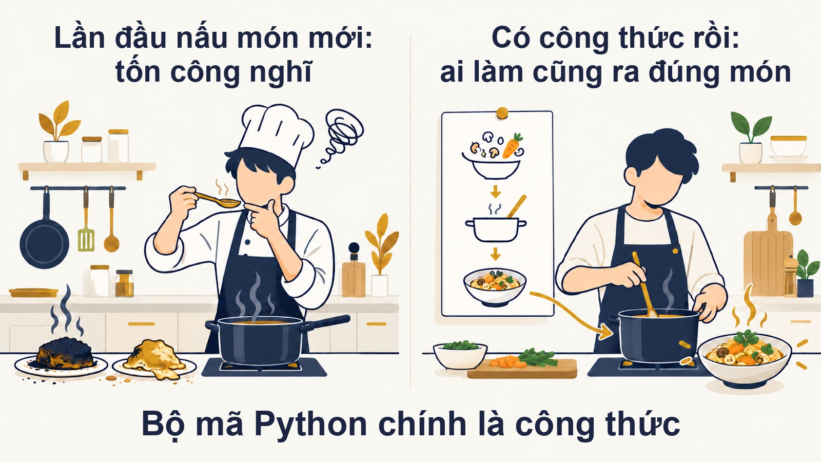 Đầu bếp lần đầu nấu món mới tốn công nghĩ, có công thức rồi ai làm cũng ra đúng món: bộ mã Python là công thức giúp tiết kiệm token AI